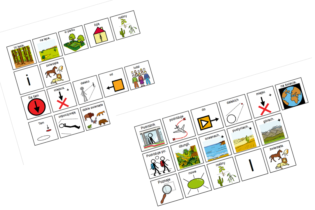 Plansze z symbolami wspierającymi alternatywną komunikację. Opisane i zilustrowane takie hasła jak: w parku, ludzie, podróżnik, zwierzęta, od, do.