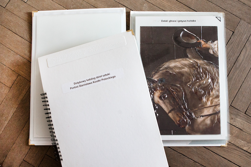 Wydrukowany folder, na okładce tytuł Dotykowy katalog dzieł sztuki, Portret Stanisława Kostki Potockiego. Treści w czarnodruku i w Braille’u. W środku plastikowa tyflografika, wytłoczony fragment obrazu, tytuł: Detal: głowa i grzywa końska.